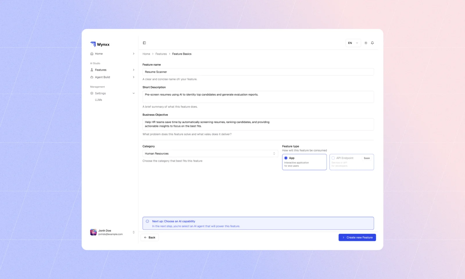 Wynxx AI Studio – Define an Enterprise AI Feature Wynxx AI Studio interface for defining a governed enterprise AI feature, including its business objective, category, and feature type.