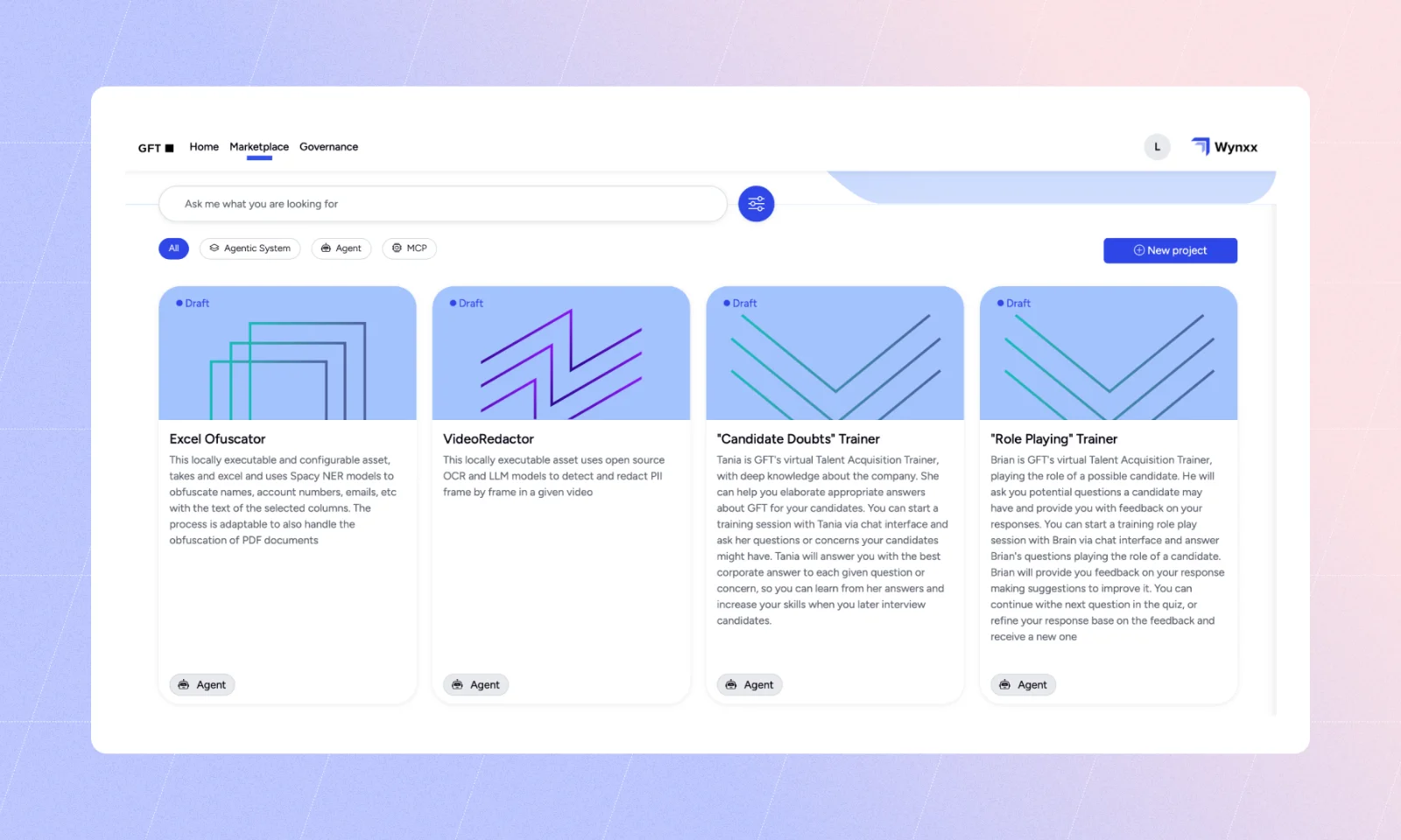 Wynxx Enterprise AI Marketplace Wynxx enterprise AI Marketplace interface showing reusable AI agents and agentic solutions for enterprise teams.
