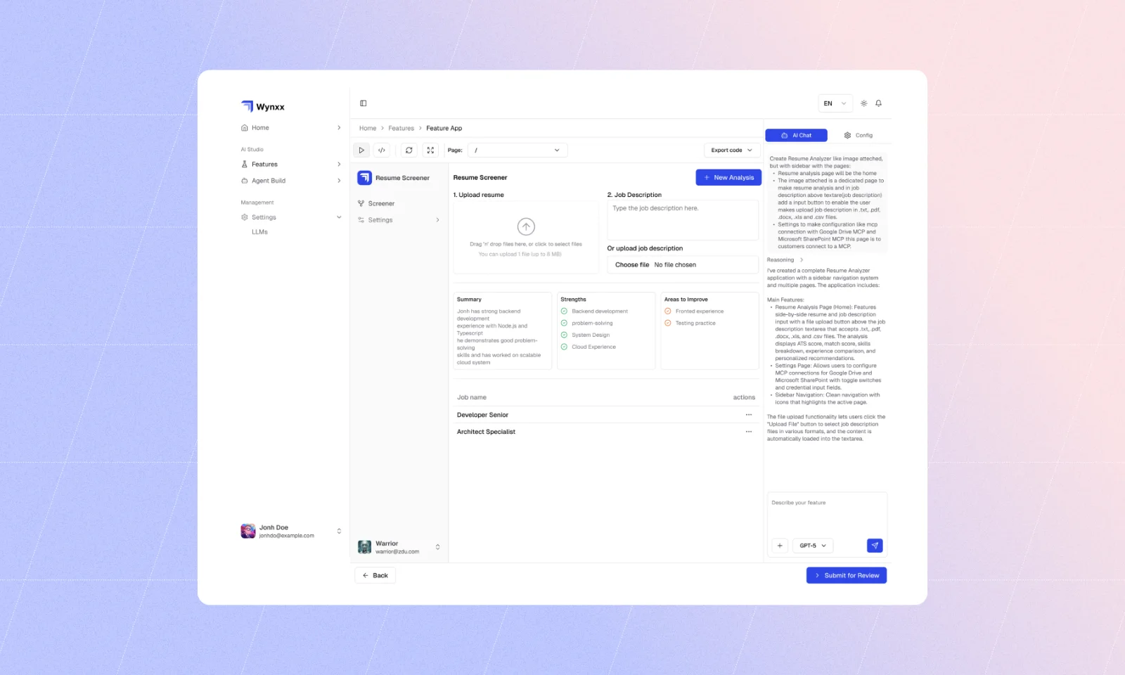 Wynxx AI Studio – Create and Test an AI Application Wynxx AI Studio interface showing an AI-powered resume screening application being created and tested.