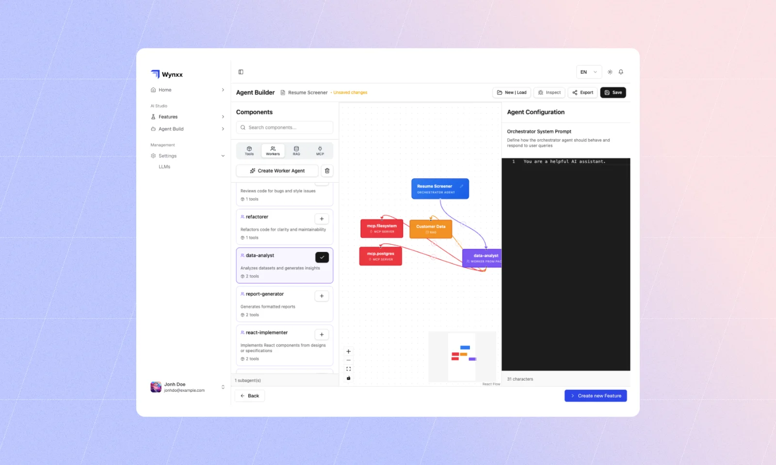 Wynxx AI Studio – Build a Governed AI Agent Wynxx Agent Builder interface for creating a governed AI agent with connected data, tools, MCP servers, and worker agents.