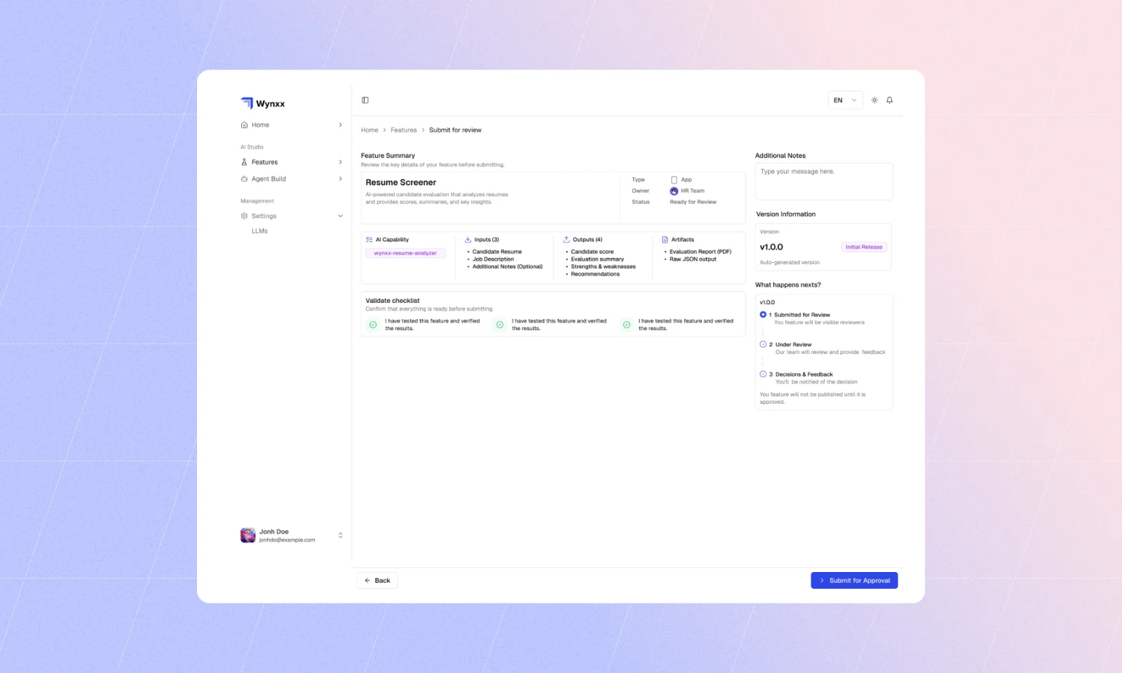 Wynxx AI Studio – Review and Approve AI Features Wynxx AI Studio review interface showing governance and approval controls for an enterprise AI feature.